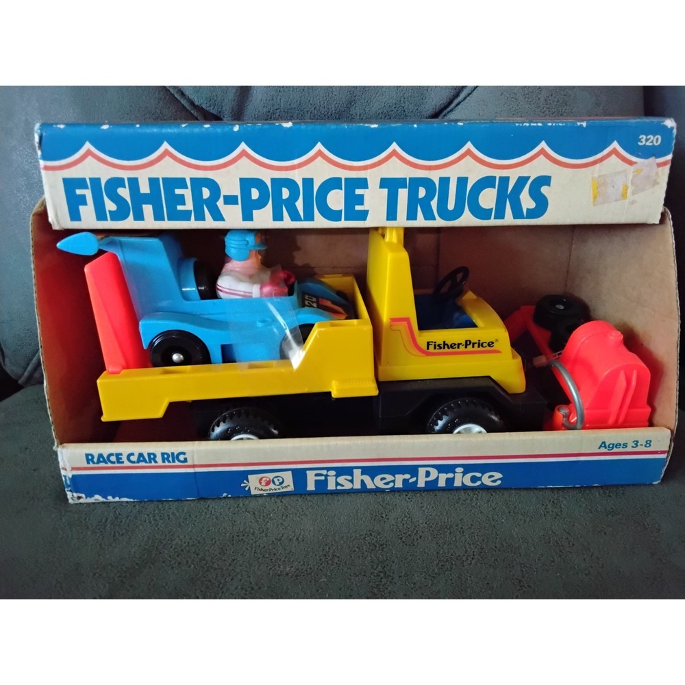 Vintage Fisher-Price Trucks 1979 Race Car Rig/Husky Helper